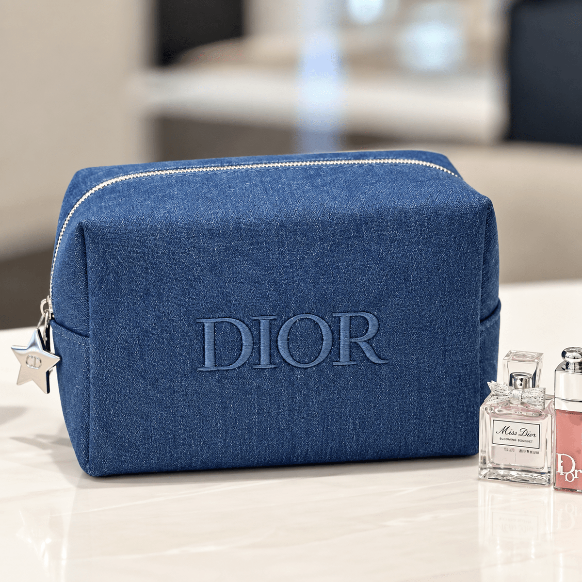 Dior Beauty Makeup Blue Denim Pouch with Mini Dior Addict 3ml 001 & Mini Miss Dior Perfume - BusDeals