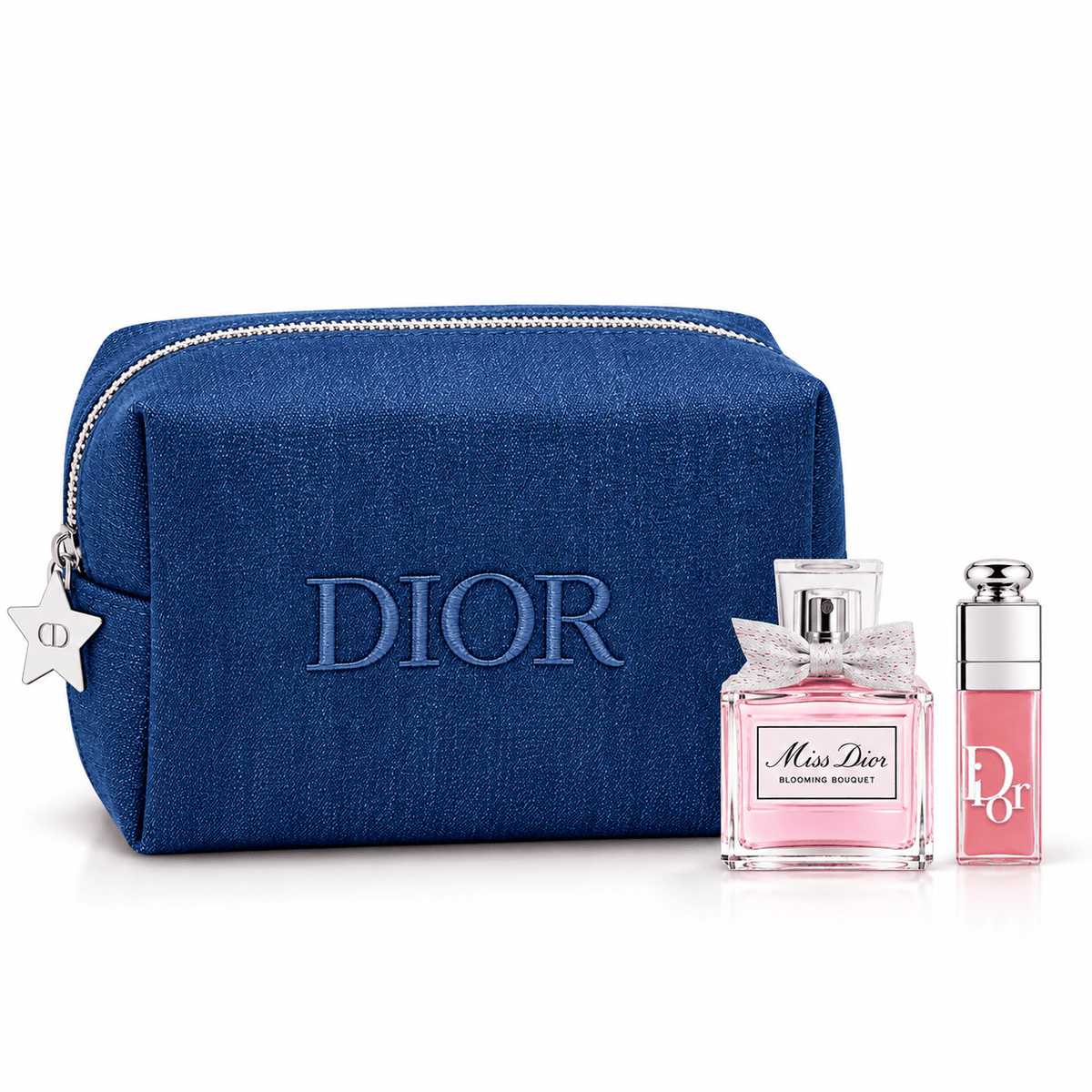 Dior Beauty Makeup Blue Denim Pouch with Mini Dior Addict 3ml 001 & Mini Miss Dior Perfume - BusDeals