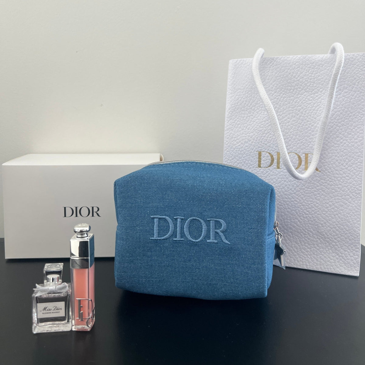 Dior Beauty Makeup Blue Denim Pouch with Mini Dior Addict 3ml 001 & Mini Miss Dior Perfume - BusDeals