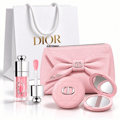 Dior Beauty Pink Ribbon Pouch NEW 2026 with Lip Glow Oil 001, Leather Mirror and Gift Shopping bag - BusDeals