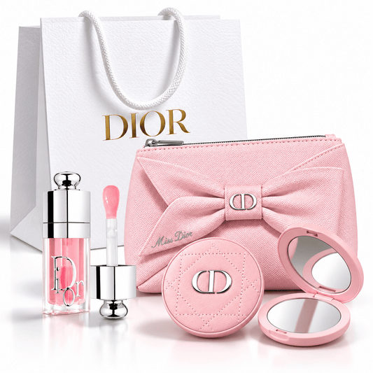 Dior Beauty Pink Ribbon Pouch NEW 2026 with Lip Glow Oil 001, Leather Mirror and Gift Shopping bag - BusDeals