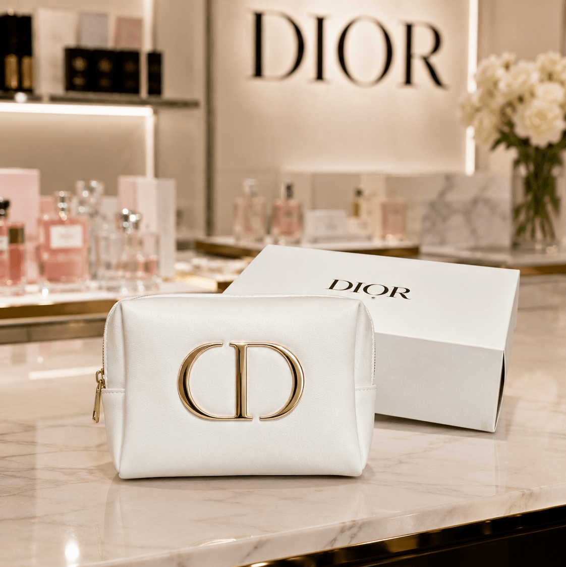 Dior Beauty Pouch Case Logo CD White with Gold - BusDeals