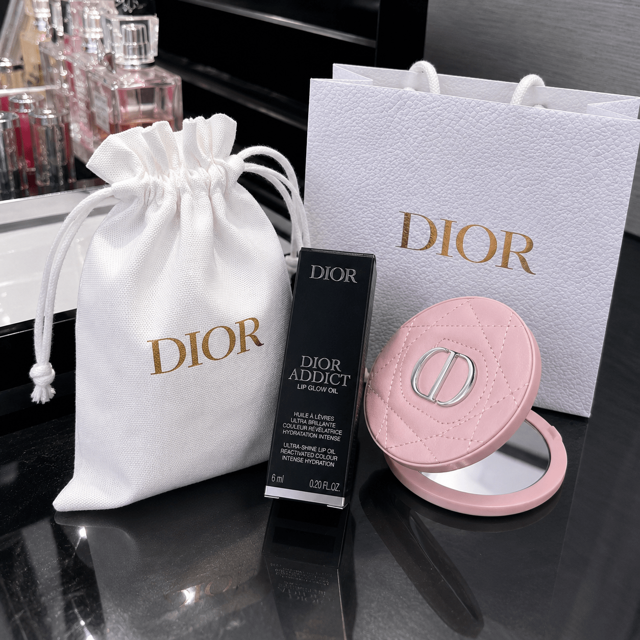 Dior Beauty Set Pink Heart Pocket Leather Mirror with Lip Glow Oil 001 Dust bag and Shopping bag - BusDeals