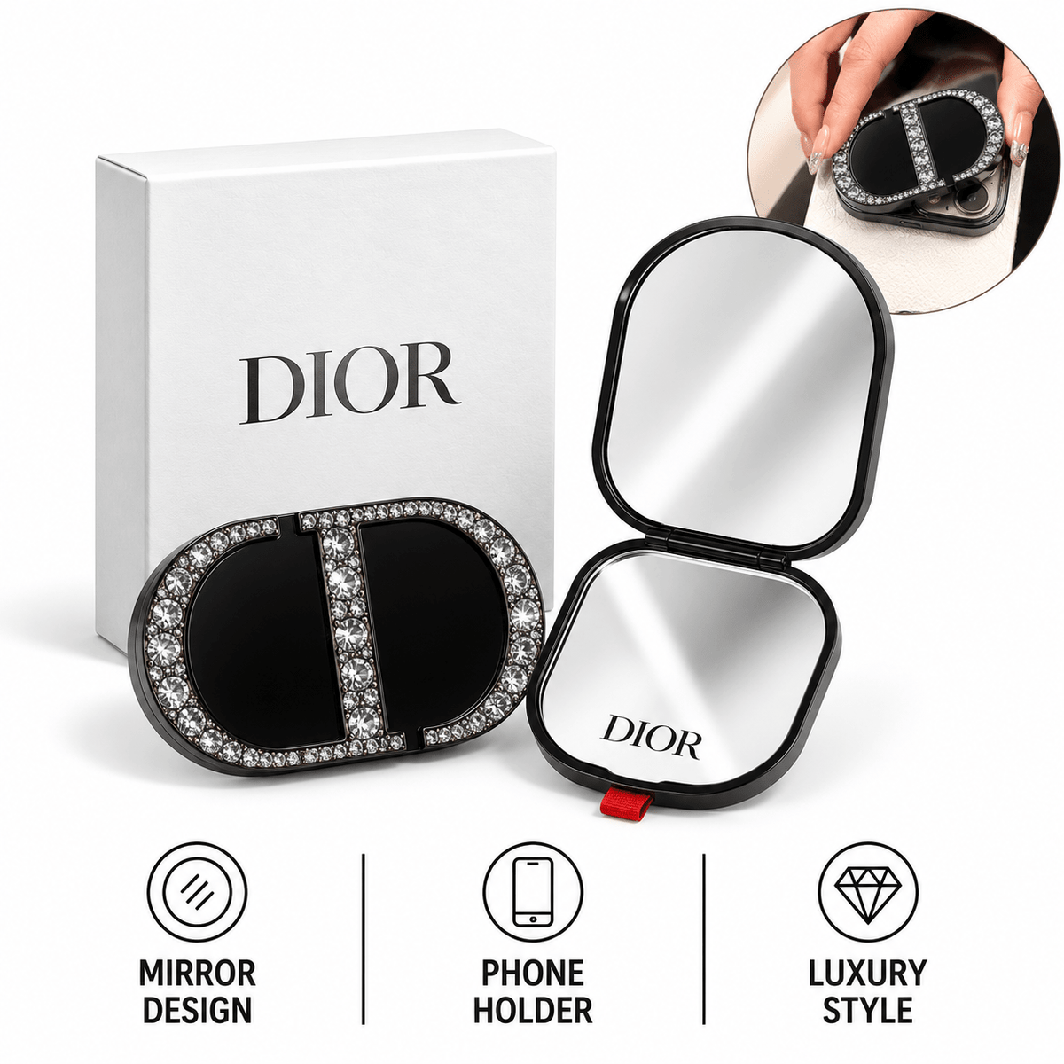 DIOR Counter Gift DYI with Diamond-Encrusted New Black phone mobile mirror - BusDeals