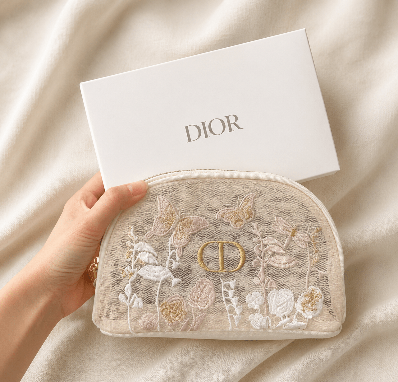 Dior Flora Embroidered Mesh Bag Counter Pouch, Beige - BusDeals