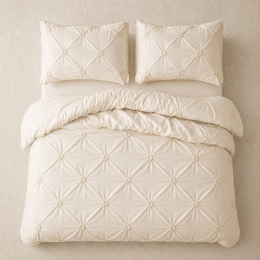 Embroidery King Size 6 Pieces Duvet Cover Pinch Flower Design, Solid Nude Beige color. - BusDeals
