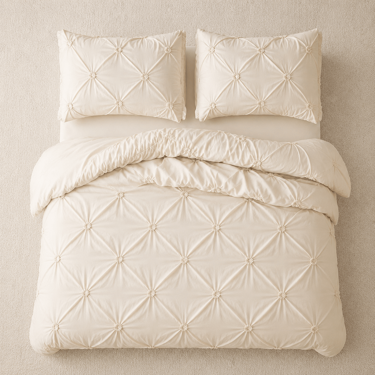 Embroidery King Size 6 Pieces Duvet Cover Pinch Flower Design, Solid Nude Beige color. - BusDeals