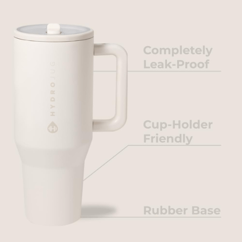 HydroJug 32oz Tumbler with Handle & Simple Flip Straw, Leak Resistant Water Bottle, Stainless Steel & Rubber Base. Cream. - BusDeals