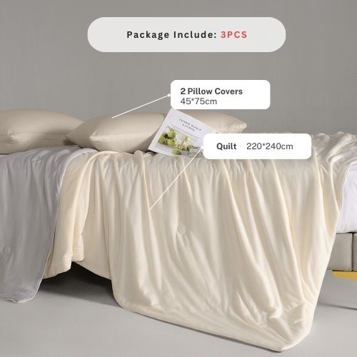 Icy Silky Summer Cool Quilt Set of 3 Pieces, Beige with Grey - BusDeals