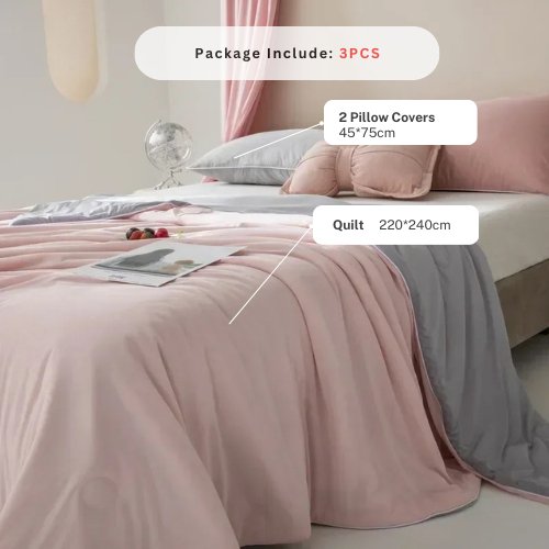 Icy Silky Summer Cool Quilt Set of 3 Pieces, Pink with Grey Color - BusDeals