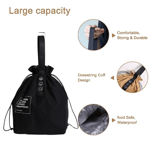Insulated Canvas Lunch Bag - Reusable Cooler for Work, Office, Picnic & Travel - Large Capacity Drawstring Design, Black - BusDeals
