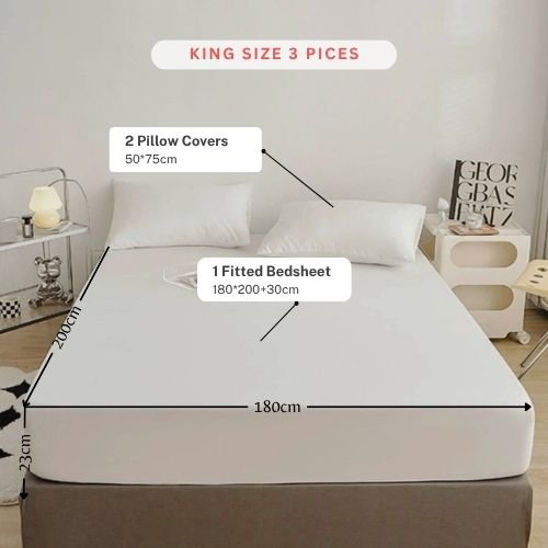 King Size 3 Pieces Fitted Bedsheet Set Plain White Color. - BusDeals