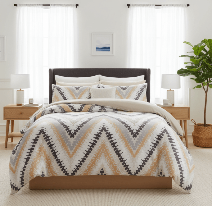 King size 6 piece bedding set, brown zig zag pattern, very soft quality. without filling. - BusDeals
