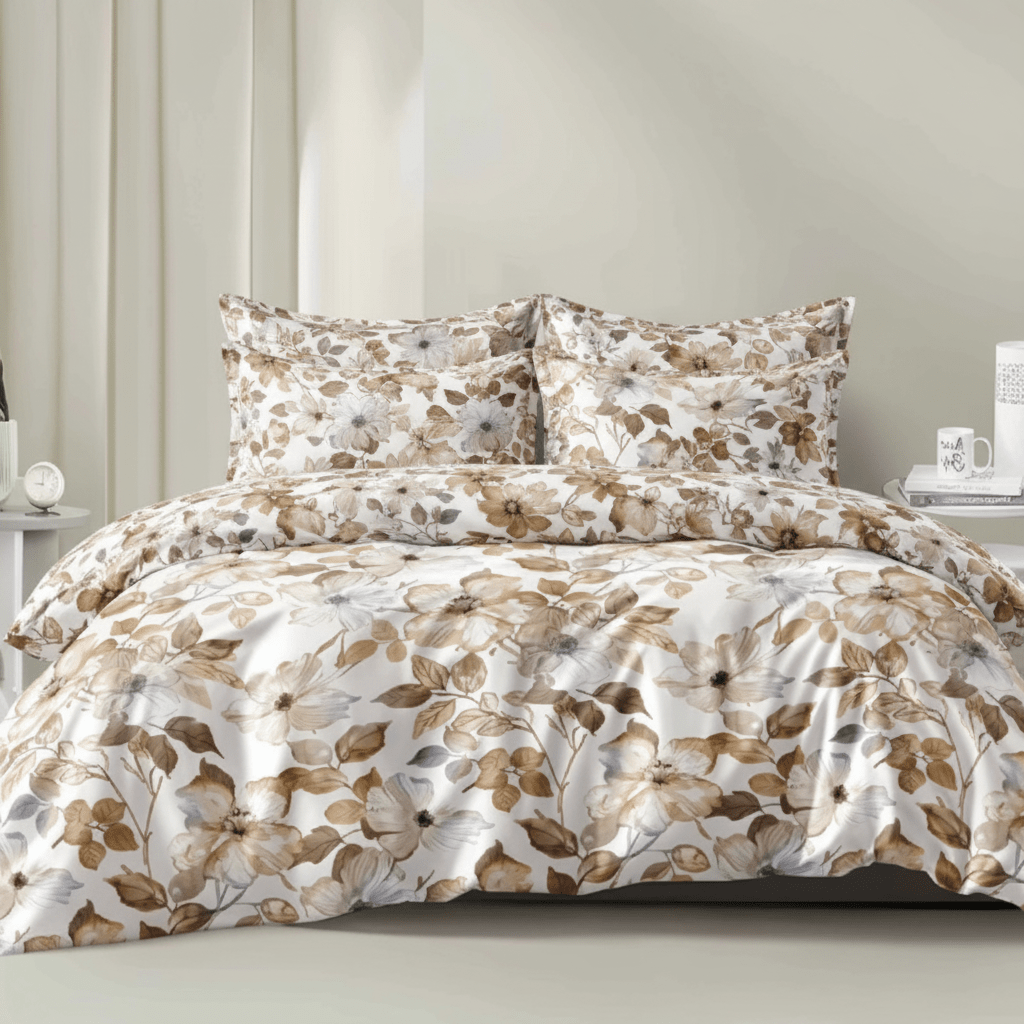King size 6 piece bedding set, featuring a design of brown leaves. - BusDeals