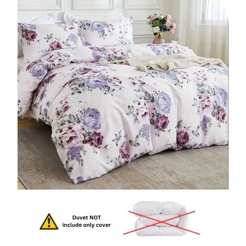 King size 6 piece bedding set, white bed linen with purple floral pattern. - BusDeals