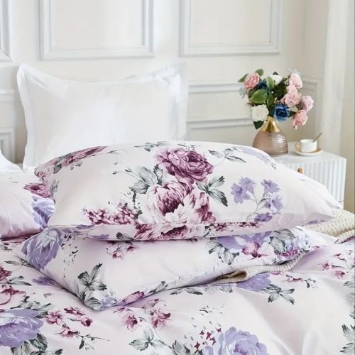 King size 6 piece bedding set, white bed linen with purple floral pattern. - BusDeals