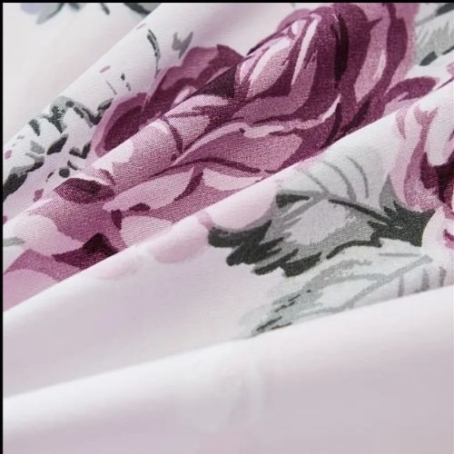 King size 6 piece bedding set, white bed linen with purple floral pattern. - BusDeals