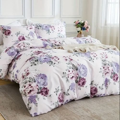 King size 6 piece bedding set, white bed linen with purple floral pattern. - BusDeals