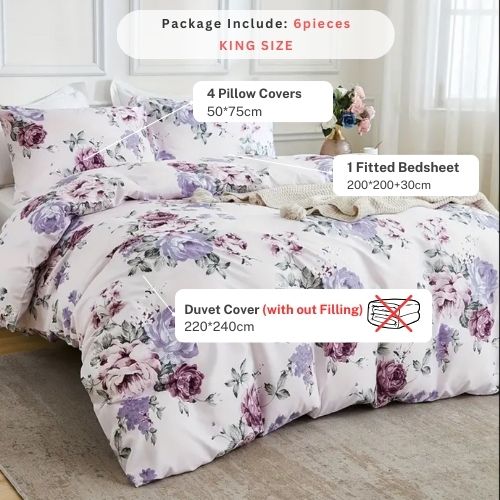 King size 6 piece bedding set, white bed linen with purple floral pattern. - BusDeals