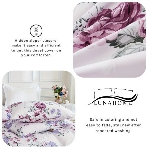 King size 6 piece bedding set, white bed linen with purple floral pattern. - BusDeals