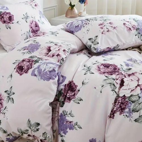 King size 6 piece bedding set, white bed linen with purple floral pattern. - BusDeals