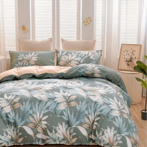 King size 6 piece bedding set with green leaf pattern, very soft quality. - BusDeals