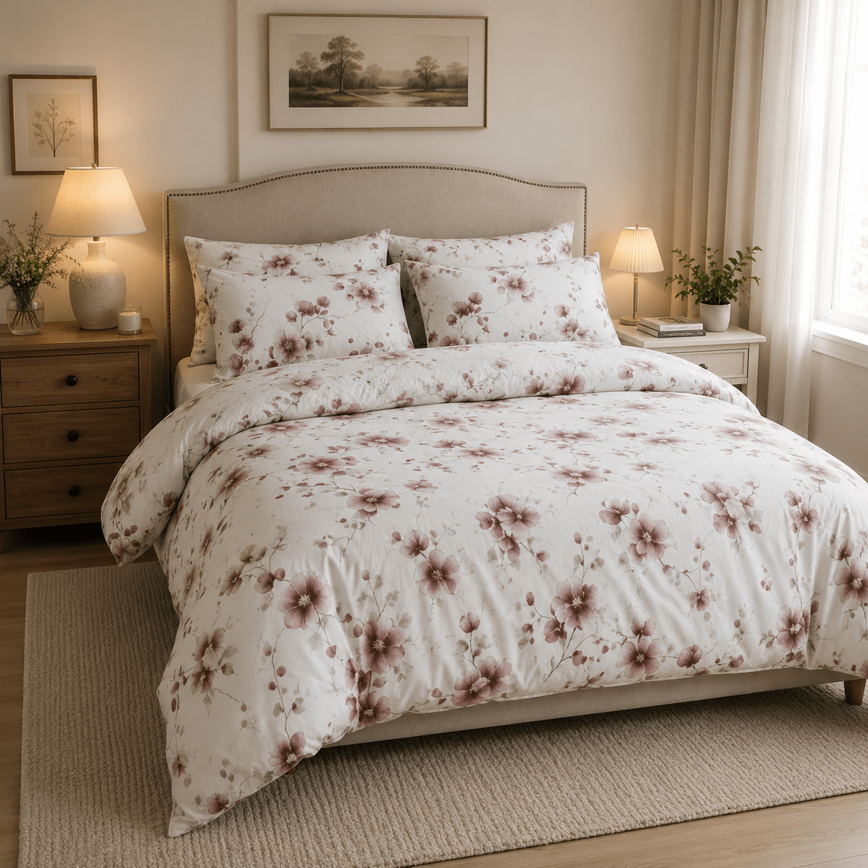 King size 6 - piece bedding set with out filling featuring a Sakura Dusty Pink. - BusDeals