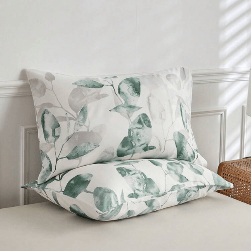 King size 6 piece beddsing set, with green and grey leaves. - BusDeals