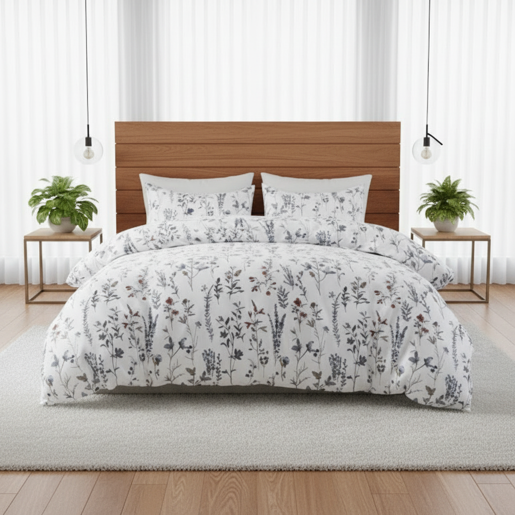 King size 6 - piece blue bedding set featuring a botanical floral design duvet cover. - BusDeals