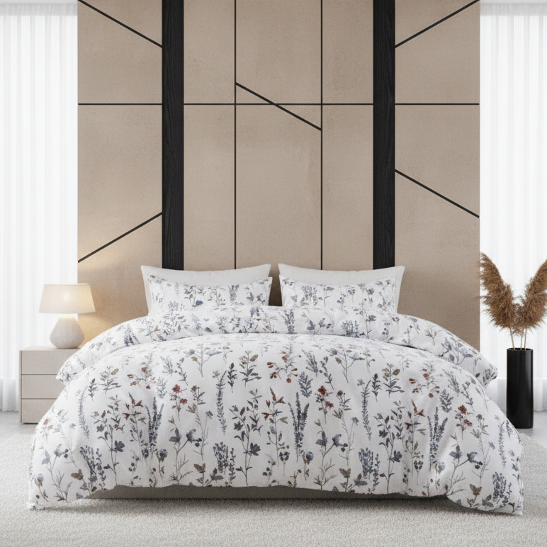 King size 6 - piece blue bedding set featuring a botanical floral design duvet cover. - BusDeals