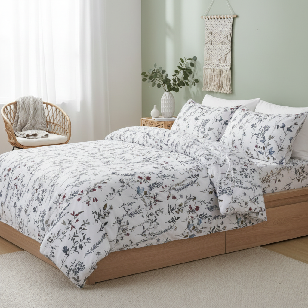 King size 6 - piece blue bedding set featuring a botanical floral design duvet cover. - BusDeals