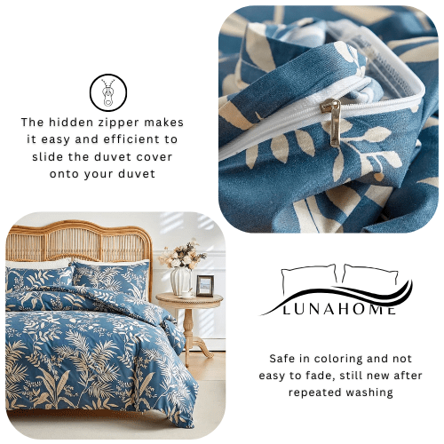 King size 6 - piece blue with beige leaf style duvet cover set. - BusDeals