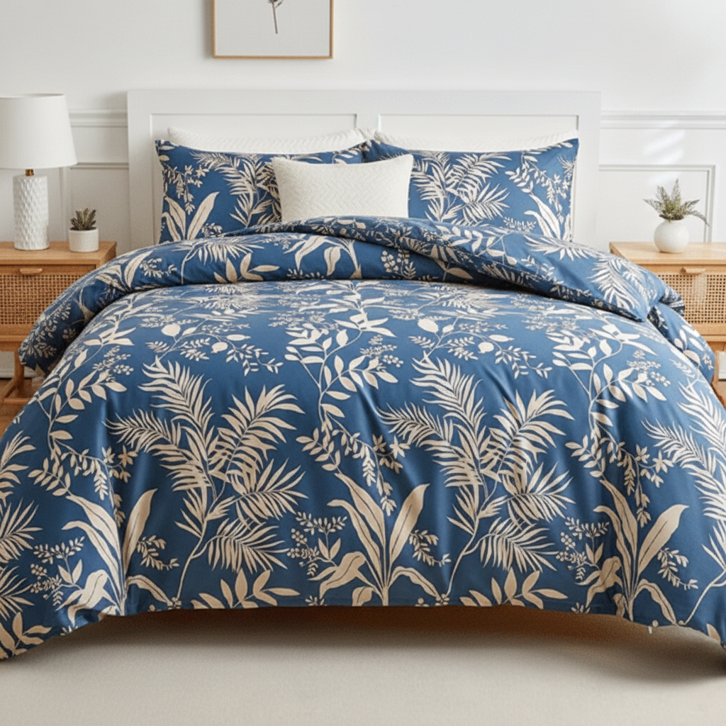 King size 6 - piece blue with beige leaf style duvet cover set. - BusDeals