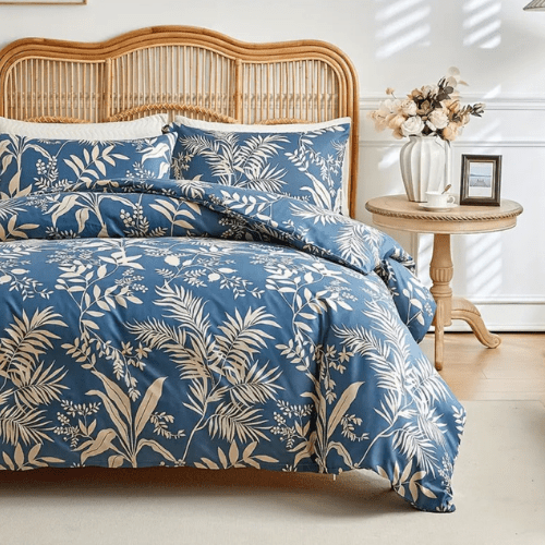 King size 6 - piece blue with beige leaf style duvet cover set. - BusDeals