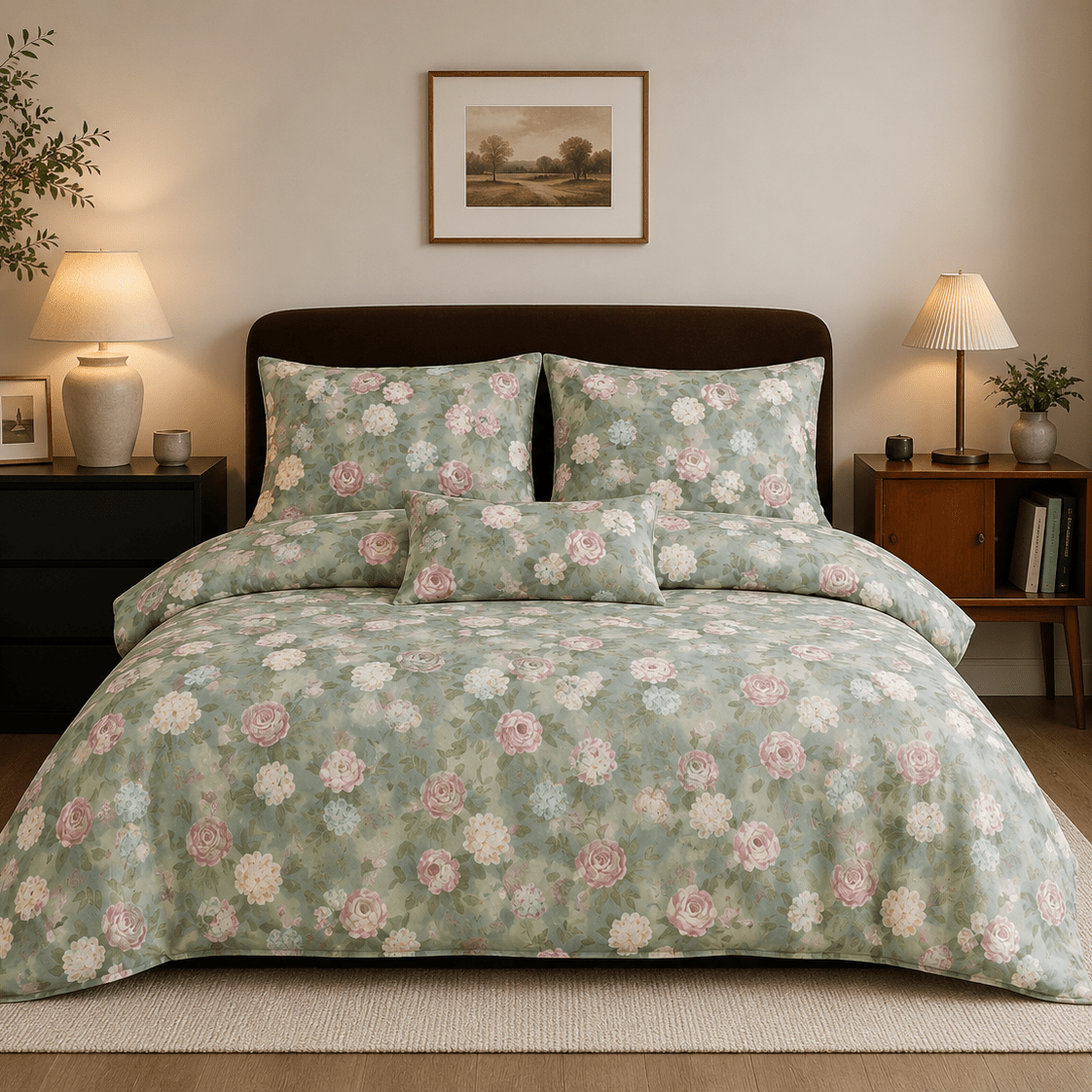 King size 6-piece Botanical Elegance Floral Bedding in Sage Green - BusDeals
