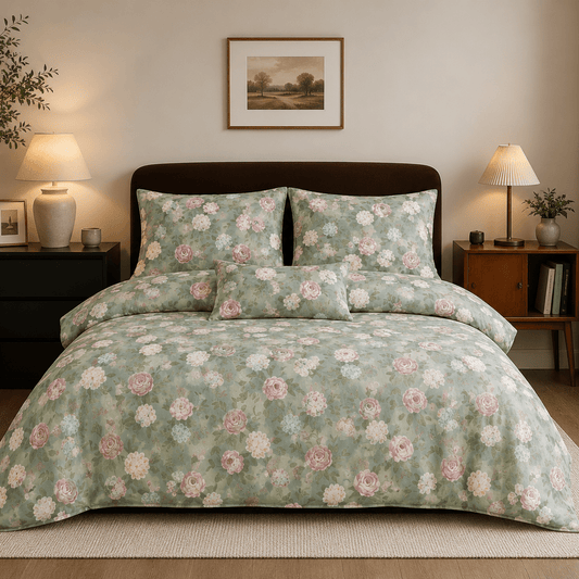 King size 6-piece Botanical Elegance Floral Bedding in Sage Green - BusDeals