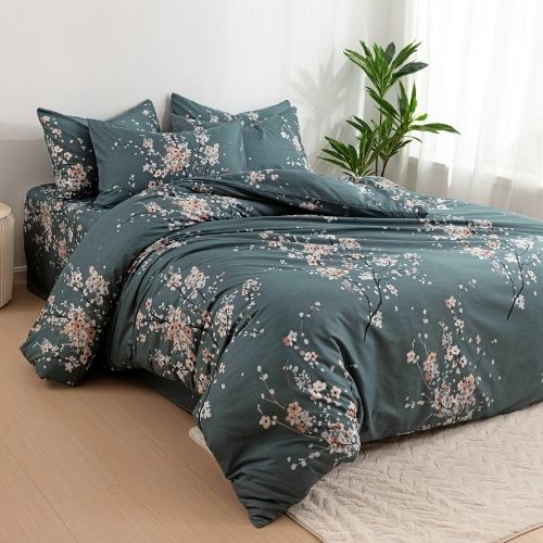 King size 6 piece duvet cover set aqua green blossom bedding set. - BusDeals