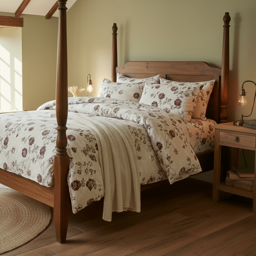 King size 6 - piece duvet cover set beige wit vintage red rose print. - BusDeals