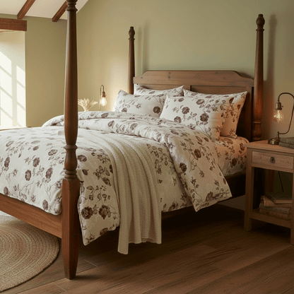 King size 6 - piece duvet cover set beige wit vintage red rose print. - BusDeals