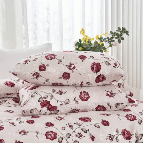 King size 6 - piece duvet cover set beige wit vintage red rose print. - BusDeals