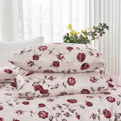 King size 6 - piece duvet cover set beige wit vintage red rose print. - BusDeals
