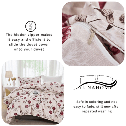 King size 6 - piece duvet cover set beige wit vintage red rose print. - BusDeals