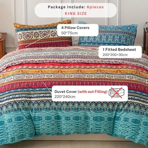 King Size 6 piece duvet cover set, colourful bohemian bedding. - BusDeals