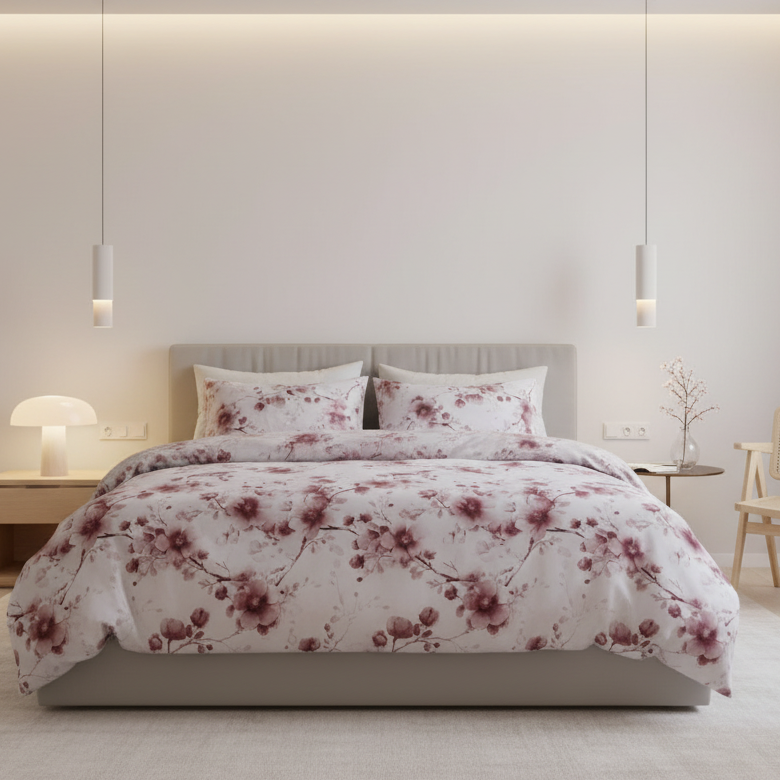 King size 6 - piece duvet cover set featuring a Sakura Dusty Pink print on a white background. - BusDeals