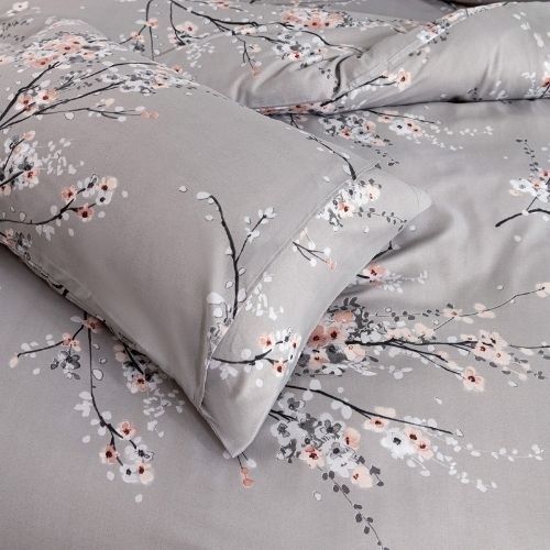 King size 6 piece duvet cover set gray plum blossom bedding set. - BusDeals