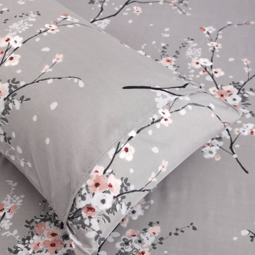 King size 6 piece duvet cover set gray plum blossom bedding set. - BusDeals