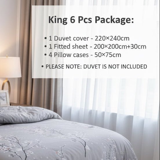 King size 6 piece duvet cover set gray plum blossom bedding set. - BusDeals