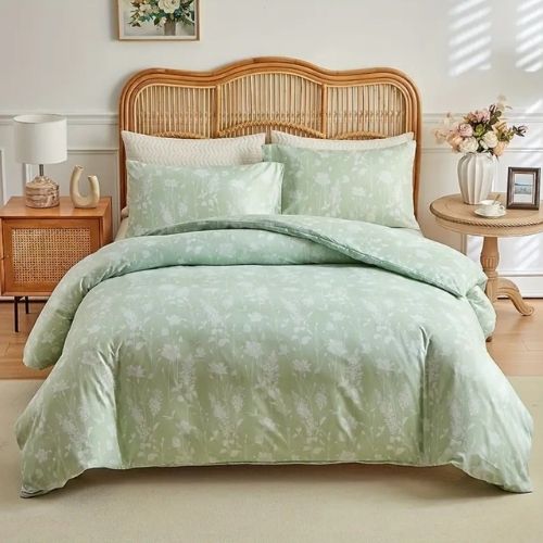 King size 6 piece duvet cover set green floral bedding set. - BusDeals