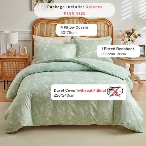 King size 6 piece duvet cover set green floral bedding set. - BusDeals