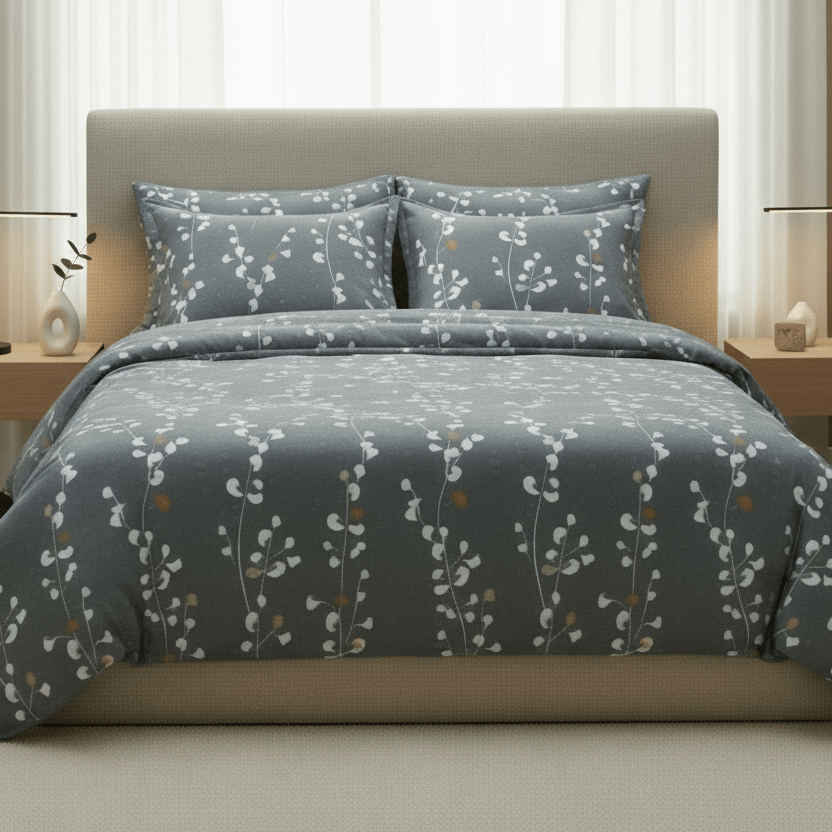 King size 6 - piece duvet cover set grey yellow branches print pattern. - BusDeals